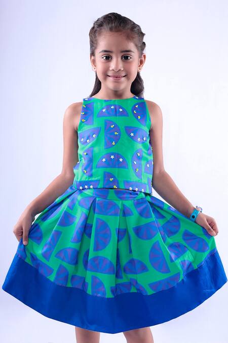 Shop_LA Dee DA_Green Cotton Sequins Lemon Print Top With Skirt_Online_at_Aza_Fashions