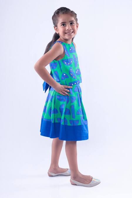 LA Dee DA_Green Cotton Sequins Lemon Print Top With Skirt_at_Aza_Fashions