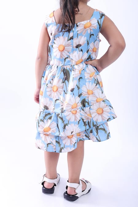 Shop LA Dee DA Blue Cotton Blend Printed Daisy Double Layer Dress at Aza Fashions Shop_LA Dee DA_Blue Cotton Blend Printed Daisy Double Layer Dress _at_Aza_Fashions