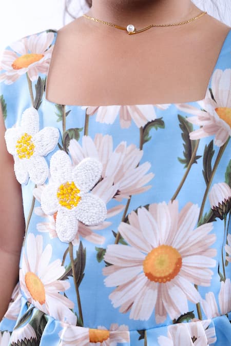 Buy LA Dee DA Blue Cotton Blend Printed Daisy Double Layer Dress Online at Aza Fashions Buy_LA Dee DA_Blue Cotton Blend Printed Daisy Double Layer Dress _Online_at_Aza_Fashions