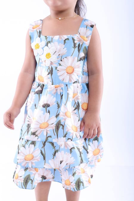 Shop LA Dee DA Blue Cotton Blend Printed Daisy Double Layer Dress Online at Aza Fashions Shop_LA Dee DA_Blue Cotton Blend Printed Daisy Double Layer Dress _Online_at_Aza_Fashions