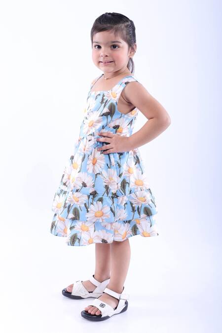 LA Dee DA Blue Cotton Blend Printed Daisy Double Layer Dress at Aza Fashions LA Dee DA_Blue Cotton Blend Printed Daisy Double Layer Dress _at_Aza_Fashions