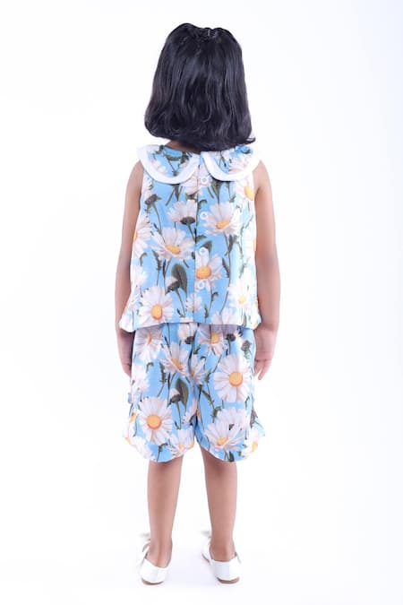 Shop LA Dee DA Blue Cotton Blend Printed Floral Top With Shorts at Aza Fashions Shop_LA Dee DA_Blue Cotton Blend Printed Floral Top With Shorts _at_Aza_Fashions