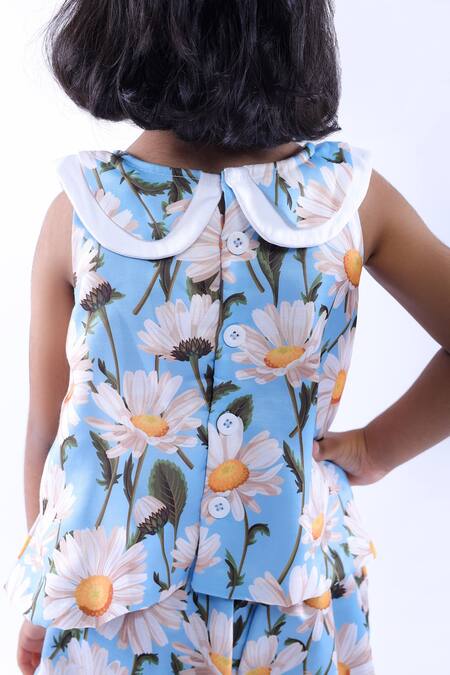 Shop LA Dee DA Blue Cotton Blend Printed Floral Top With Shorts Online at Aza Fashions Shop_LA Dee DA_Blue Cotton Blend Printed Floral Top With Shorts _Online_at_Aza_Fashions