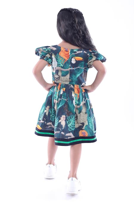 Shop LA Dee DA Green Cotton Blend Printed Jungle Short Dress at Aza Fashions Shop_LA Dee DA_Green Cotton Blend Printed Jungle Short Dress _at_Aza_Fashions