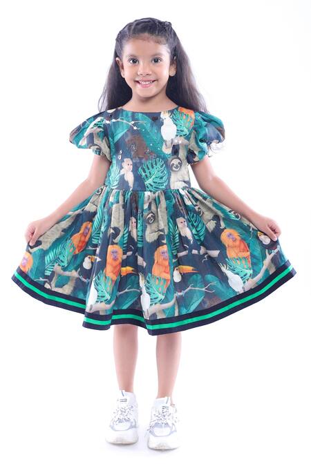 LA Dee DA Green Cotton Blend Printed Jungle Short Dress Online at Aza Fashions LA Dee DA_Green Cotton Blend Printed Jungle Short Dress _Online_at_Aza_Fashions