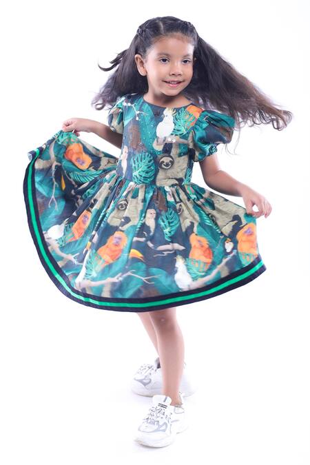 Buy LA Dee DA Green Cotton Blend Printed Jungle Short Dress Online at Aza Fashions Buy_LA Dee DA_Green Cotton Blend Printed Jungle Short Dress _Online_at_Aza_Fashions