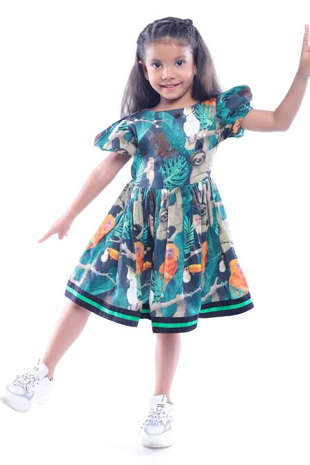 Shop LA Dee DA Green Cotton Blend Printed Jungle Short Dress Online at Aza Fashions Shop_LA Dee DA_Green Cotton Blend Printed Jungle Short Dress _Online_at_Aza_Fashions