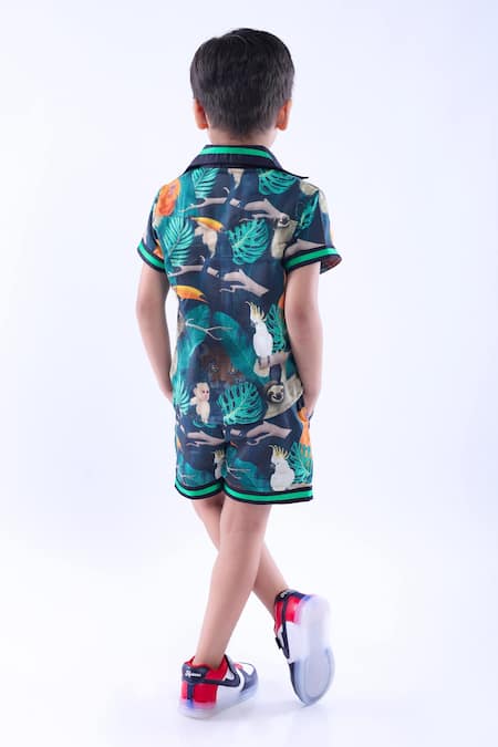 Shop_LA Dee DA_Green Cotton Jungle Print Shirt And Shorts Set _at_Aza_Fashions