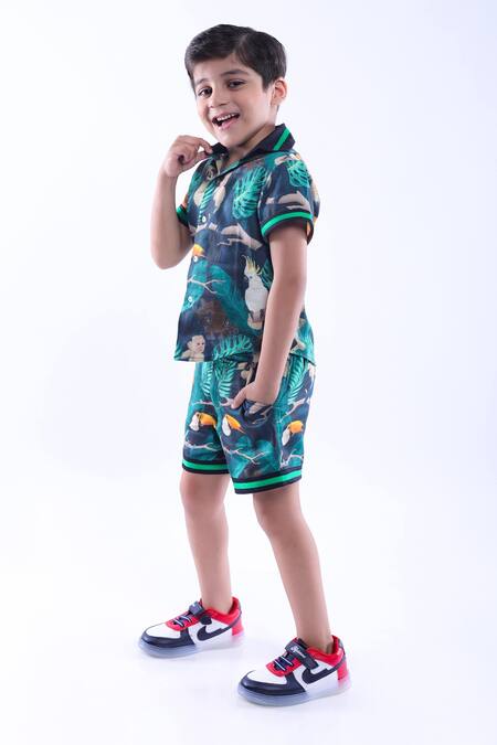 LA Dee DA_Green Cotton Jungle Print Shirt And Shorts Set _Online_at_Aza_Fashions