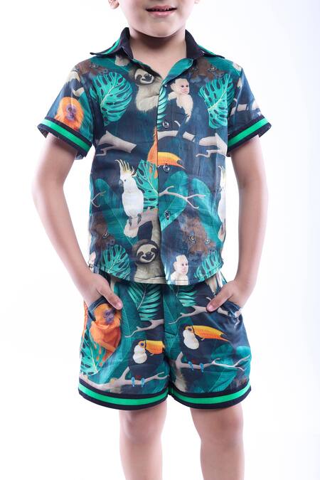 Buy_LA Dee DA_Green Cotton Jungle Print Shirt And Shorts Set _Online_at_Aza_Fashions
