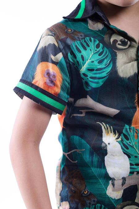 Shop_LA Dee DA_Green Cotton Jungle Print Shirt And Shorts Set _Online_at_Aza_Fashions