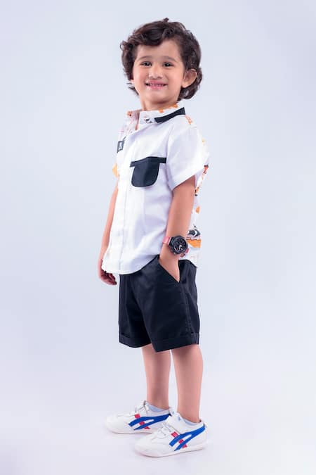 LA Dee DA_White Cotton Blend Printed Pirates Of The Caribbean Shirt With Shorts  _Online_at_Aza_Fashions