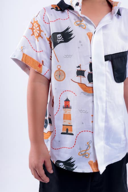 Shop_LA Dee DA_White Cotton Blend Printed Pirates Of The Caribbean Shirt With Shorts  _Online_at_Aza_Fashions