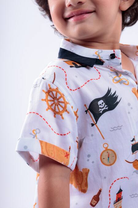 LA Dee DA_White Cotton Blend Printed Pirates Of The Caribbean Shirt With Shorts  _at_Aza_Fashions