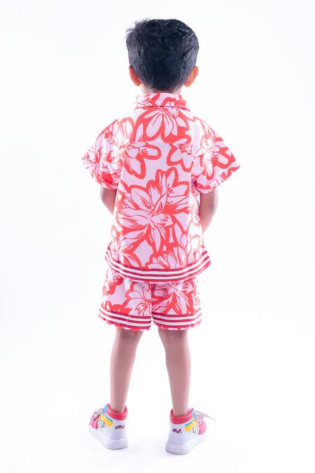 Shop_LA Dee DA_Pink Cotton Blend Printed Floral Shirt With Shorts  _at_Aza_Fashions