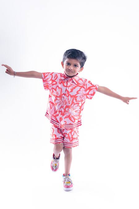 LA Dee DA_Pink Cotton Blend Printed Floral Shirt With Shorts  _Online_at_Aza_Fashions