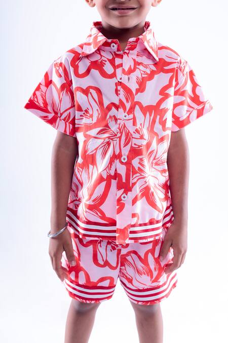 LA Dee DA_Pink Cotton Blend Printed Floral Shirt With Shorts  _at_Aza_Fashions