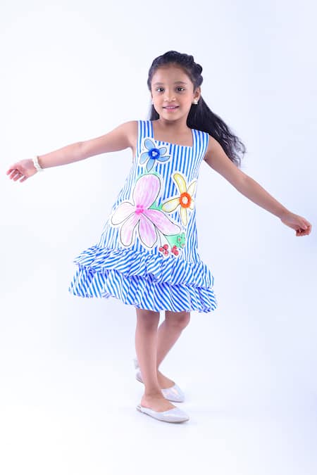 LA DEE DA Blue Cotton Blend Stripe Pattern Frill Dress  