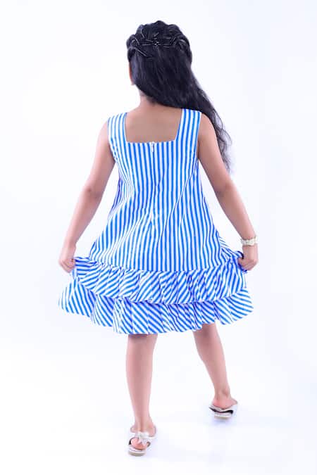 Shop LA Dee DA Blue Cotton Blend Stripe Pattern Frill Dress at Aza Fashions Shop_LA Dee DA_Blue Cotton Blend Stripe Pattern Frill Dress _at_Aza_Fashions
