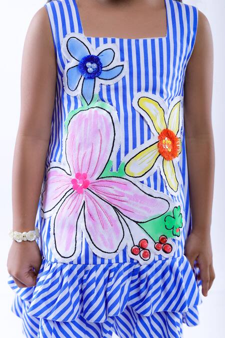 LA Dee DA Blue Cotton Blend Stripe Pattern Frill Dress Online at Aza Fashions LA Dee DA_Blue Cotton Blend Stripe Pattern Frill Dress _Online_at_Aza_Fashions