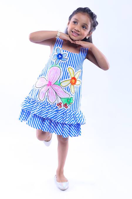 Shop LA Dee DA Blue Cotton Blend Stripe Pattern Frill Dress Online at Aza Fashions Shop_LA Dee DA_Blue Cotton Blend Stripe Pattern Frill Dress _Online_at_Aza_Fashions