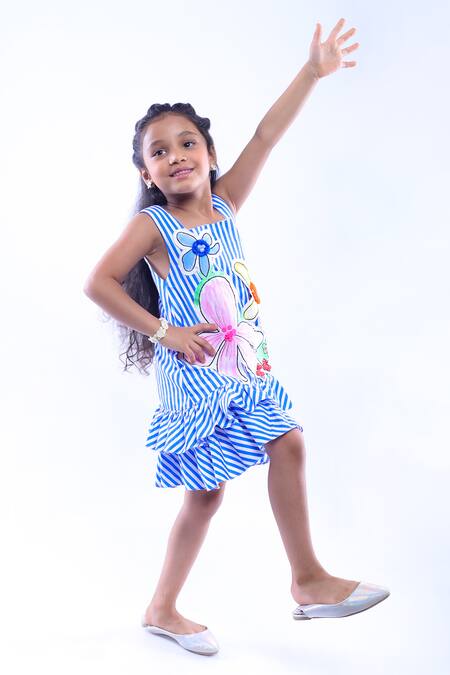 LA Dee DA Blue Cotton Blend Stripe Pattern Frill Dress at Aza Fashions LA Dee DA_Blue Cotton Blend Stripe Pattern Frill Dress _at_Aza_Fashions