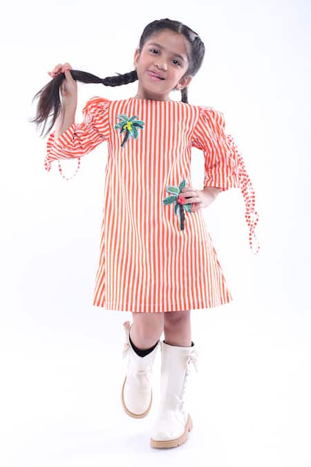 LA DEE DA Orange Cotton Blend Embroidered Stripe Pattern Short Dress  