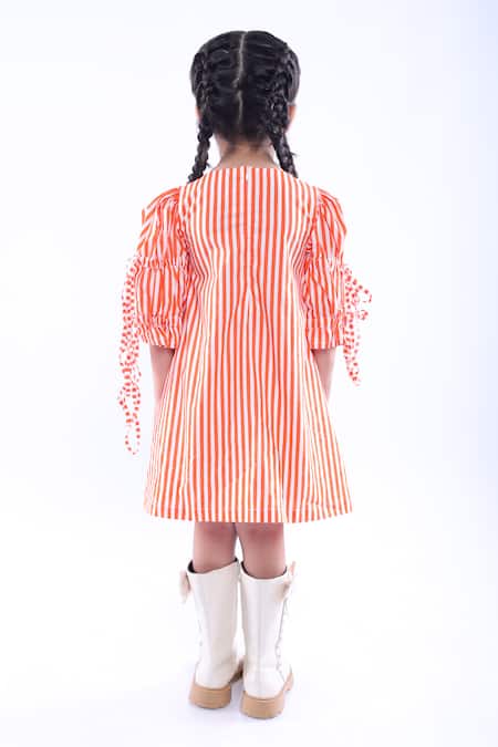 Shop LA Dee DA Orange Cotton Blend Embroidered Stripe Pattern Short Dress at Aza Fashions Shop_LA Dee DA_Orange Cotton Blend Embroidered Stripe Pattern Short Dress _at_Aza_Fashions