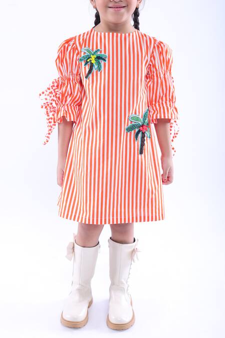 LA Dee DA Orange Cotton Blend Embroidered Stripe Pattern Short Dress Online at Aza Fashions LA Dee DA_Orange Cotton Blend Embroidered Stripe Pattern Short Dress _Online_at_Aza_Fashions