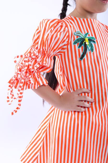 Shop LA Dee DA Orange Cotton Blend Embroidered Stripe Pattern Short Dress Online at Aza Fashions Shop_LA Dee DA_Orange Cotton Blend Embroidered Stripe Pattern Short Dress _Online_at_Aza_Fashions