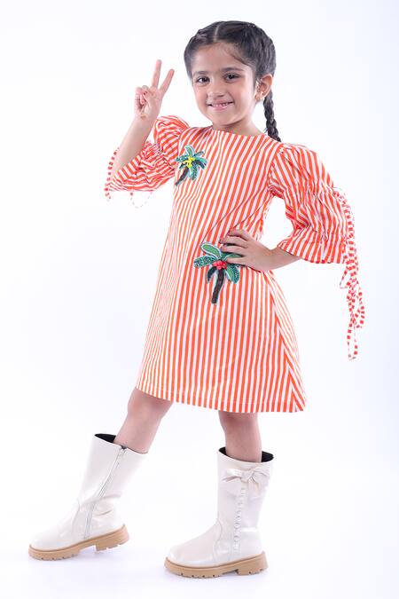 LA Dee DA Orange Cotton Blend Embroidered Stripe Pattern Short Dress at Aza Fashions LA Dee DA_Orange Cotton Blend Embroidered Stripe Pattern Short Dress _at_Aza_Fashions