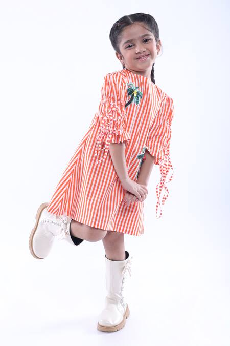 Buy LA Dee DA Orange Cotton Blend Embroidered Stripe Pattern Short Dress Buy_LA Dee DA_Orange Cotton Blend Embroidered Stripe Pattern Short Dress