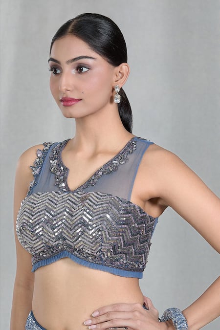 Shop_Samyukta Singhania_Blue Sequins Split V-neck Pre-draped Ruffle Saree With Blouse 