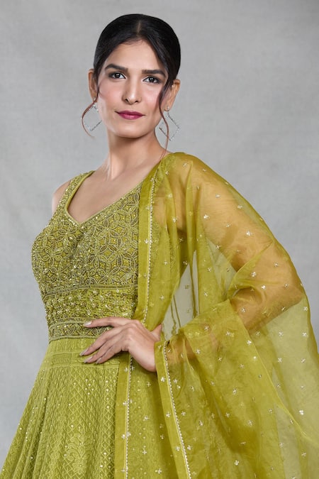 Samyukta Singhania_Green Georgette Sequins, Beads, Embroidery Boat Mughal Bloom Gown With Dupatta _at_Aza_Fashions