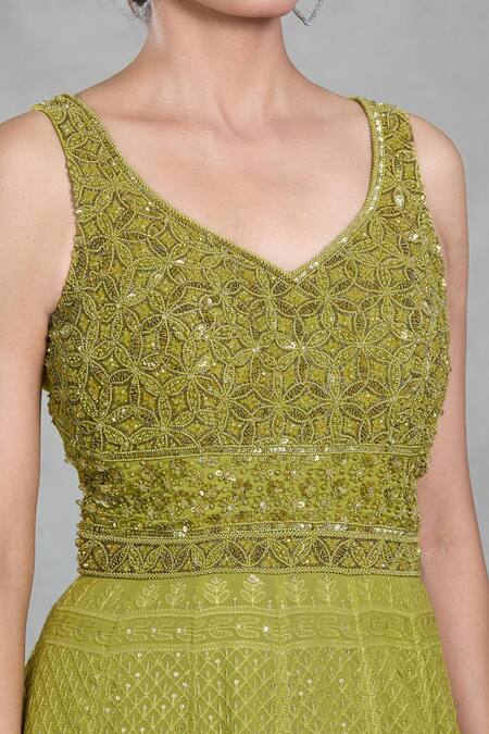 Buy_Samyukta Singhania_Green Georgette Sequins, Beads, Embroidery Boat Mughal Bloom Gown With Dupatta 