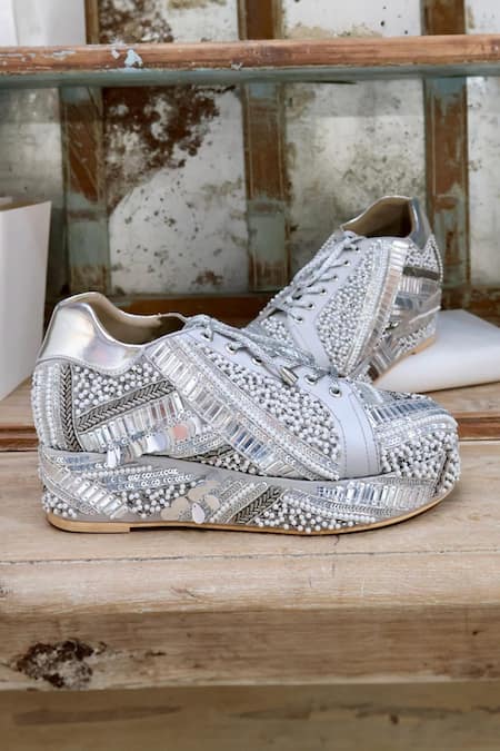 Shop Tiesta Grey Poppy Embellished Bridal Sneaker Platform Wedges at Aza Fashions Shop_Tiesta_Grey Poppy Embellished Bridal Sneaker Platform Wedges _at_Aza_Fashions