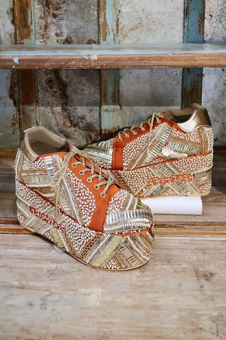 Tiesta Orange Pearls Poppy Encrusted Bridal Sneaker Platform Wedges