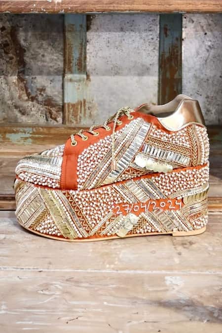 Shop_Tiesta_Orange Poppy Encrusted Bridal Sneaker Platform Wedges _at_Aza_Fashions