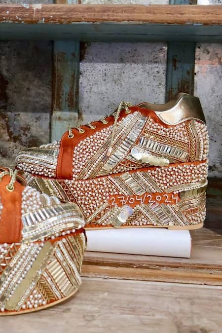 Tiesta_Orange Poppy Encrusted Bridal Sneaker Platform Wedges _Online_at_Aza_Fashions
