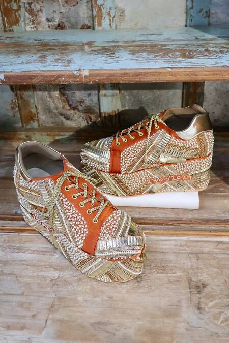 Buy_Tiesta_Orange Poppy Encrusted Bridal Sneaker Platform Wedges _Online_at_Aza_Fashions