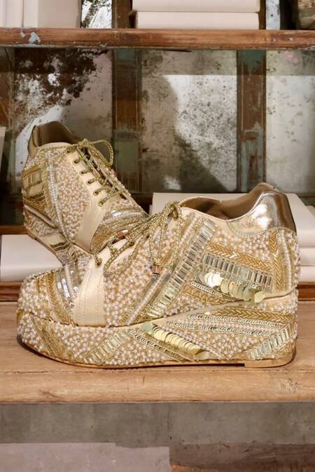 Tiesta Gold Cut Work, Pearls, Sequins Poppy Embroidered Bridal Sneaker Platform Wedges Online at Aza Fashions Tiesta_Gold Cut Work, Pearls, Sequins Poppy Embroidered Bridal Sneaker Platform Wedges _Online_at_Aza_Fashions