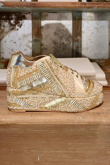 Buy Tiesta Gold Cut Work, Pearls, Sequins Poppy Embroidered Bridal Sneaker Platform Wedges Online at Aza Fashions Buy_Tiesta_Gold Cut Work, Pearls, Sequins Poppy Embroidered Bridal Sneaker Platform Wedges _Online_at_Aza_Fashions