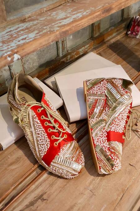 Tiesta_Red Cut Work, Pearls, Sequins Poppy Bridal Sneaker Platform Wedges _Online_at_Aza_Fashions
