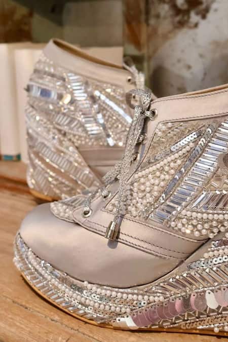 Tiesta_Grey Cut Work, Pearls, Sequins Poppy Bridal Sneaker Platform Wedges _Online_at_Aza_Fashions