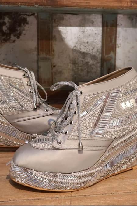 Buy_Tiesta_Grey Cut Work, Pearls, Sequins Poppy Bridal Sneaker Platform Wedges _Online_at_Aza_Fashions