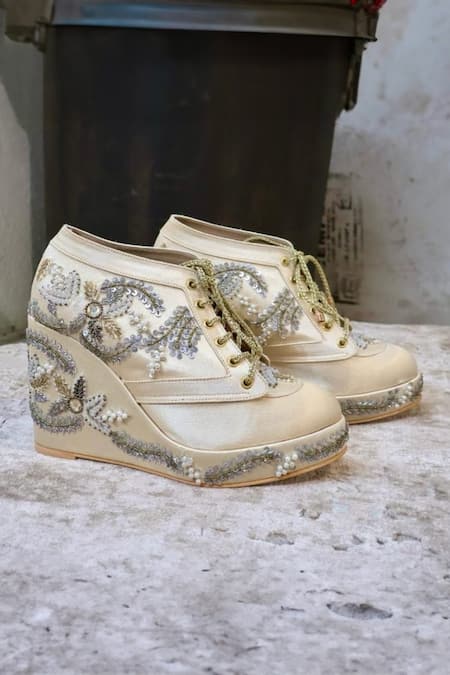 Tiesta Gold Pearls Embroidered Bridal Sneaker Wedges