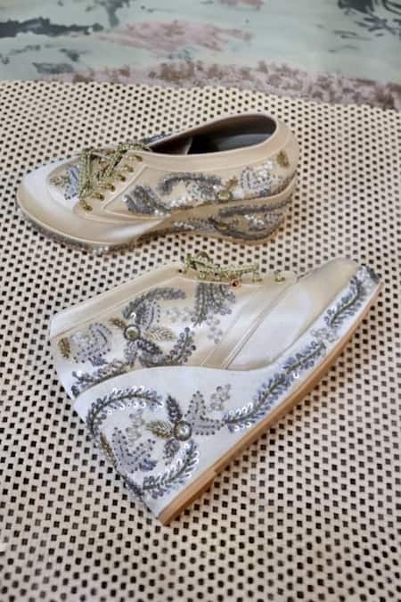 Shop_Tiesta_Gold Cut Work, Pearls, Sequins Embroidered Bridal Sneaker Wedges _at_Aza_Fashions