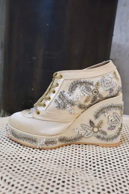 Tiesta_Gold Cut Work, Pearls, Sequins Embroidered Bridal Sneaker Wedges _Online_at_Aza_Fashions