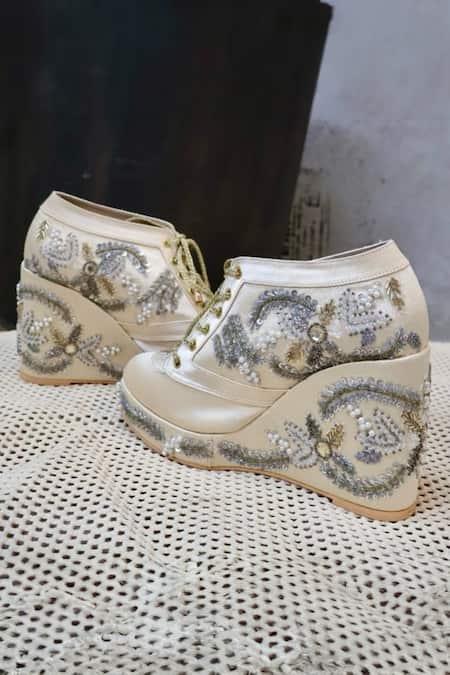 Buy_Tiesta_Gold Cut Work, Pearls, Sequins Embroidered Bridal Sneaker Wedges _Online_at_Aza_Fashions